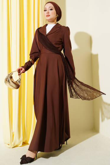 Omuz Tüllü Kruvaze Yaka Elbise Kahve - Elbise