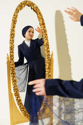 Omuz Tüllü Kruvaze Yaka Elbise Lacivert - BERAT TEKSTİL