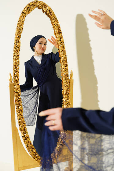 Omuz Tüllü Kruvaze Yaka Elbise Lacivert - Elbise