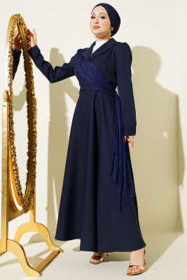 Omuz Tüllü Kruvaze Yaka Elbise Lacivert - Elbise