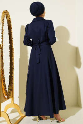 Omuz Tüllü Kruvaze Yaka Elbise Lacivert - Elbise