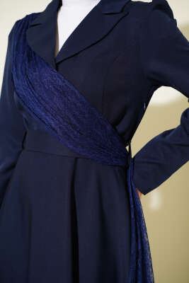 Omuz Tüllü Kruvaze Yaka Elbise Lacivert - Elbise