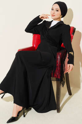 Omuz Tüllü Kruvaze Yaka Elbise Siyah - BERAT TEKSTİL