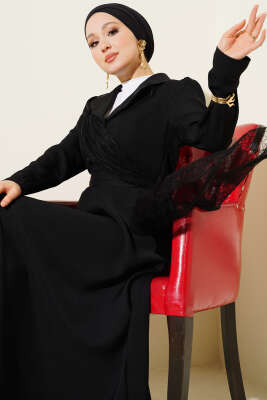 Omuz Tüllü Kruvaze Yaka Elbise Siyah - Elbise