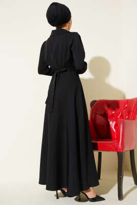 Omuz Tüllü Kruvaze Yaka Elbise Siyah - Elbise