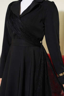 Omuz Tüllü Kruvaze Yaka Elbise Siyah - Elbise