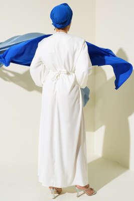 Omuz Vatkalı Balon Kol Saten Elbise Ekru - Tesettür Elbise