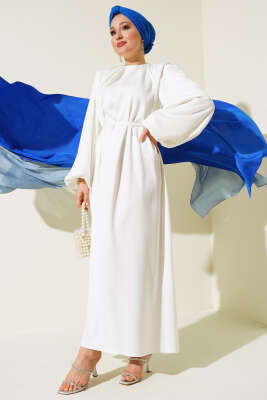 Omuz Vatkalı Balon Kol Saten Elbise Ekru - Tesettür Elbise