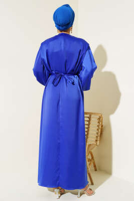 Omuz Vatkalı Balon Kol Saten Elbise Saks - Tesettür Elbise