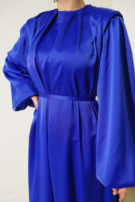 Omuz Vatkalı Balon Kol Saten Elbise Saks - Tesettür Elbise