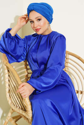 Omuz Vatkalı Balon Kol Saten Elbise Saks - Tesettür Elbise