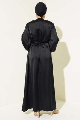 Omuz Vatkalı Balon Kol Saten Elbise Siyah - Tesettür Elbise