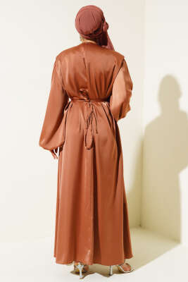 Omuz Vatkalı Balon Kol Saten Elbise Taba - Tesettür Elbise