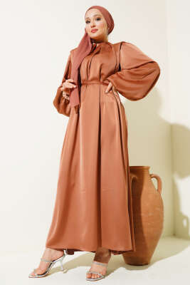 Omuz Vatkalı Balon Kol Saten Elbise Taba - Tesettür Elbise