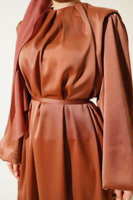 Omuz Vatkalı Balon Kol Saten Elbise Taba - Tesettür Elbise