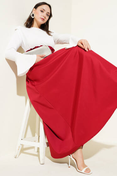 Omuz Vatkalı Bel Lastikli Kemerli Elbise Bordo - Elbise