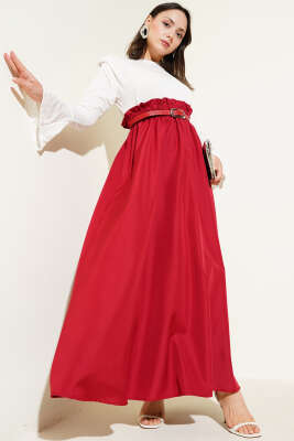 Omuz Vatkalı Bel Lastikli Kemerli Elbise Bordo - Tesettür Elbise