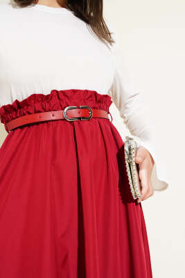 Omuz Vatkalı Bel Lastikli Kemerli Elbise Bordo - Tesettür Elbise