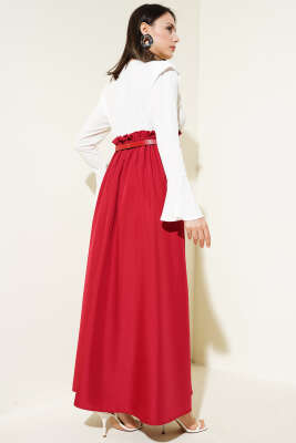 Omuz Vatkalı Bel Lastikli Kemerli Elbise Bordo - Tesettür Elbise