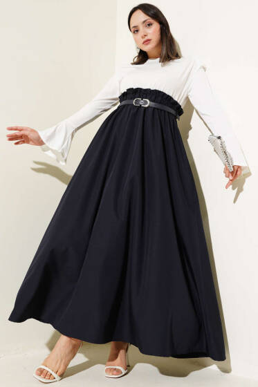 Omuz Vatkalı Bel Lastikli Kemerli Elbise Lacivert - Tesettür Elbise