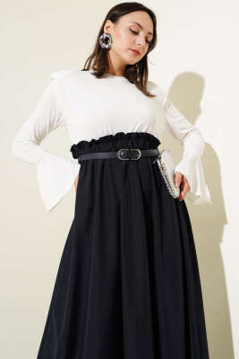 Omuz Vatkalı Bel Lastikli Kemerli Elbise Lacivert - Tesettür Elbise