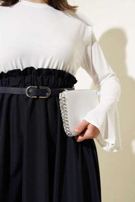 Omuz Vatkalı Bel Lastikli Kemerli Elbise Lacivert - Tesettür Elbise