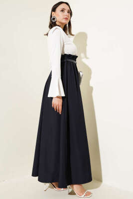 Omuz Vatkalı Bel Lastikli Kemerli Elbise Lacivert - Tesettür Elbise