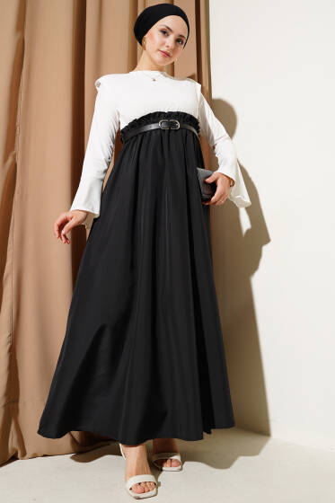 Omuz Vatkalı Bel Lastikli Kemerli Elbise Siyah - Elbise