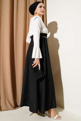 Omuz Vatkalı Bel Lastikli Kemerli Elbise Siyah - Tesettür Elbise