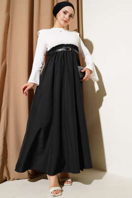Omuz Vatkalı Bel Lastikli Kemerli Elbise Siyah