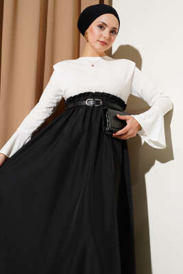 Omuz Vatkalı Bel Lastikli Kemerli Elbise Siyah - Tesettür Elbise