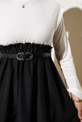 Omuz Vatkalı Bel Lastikli Kemerli Elbise Siyah - Tesettür Elbise