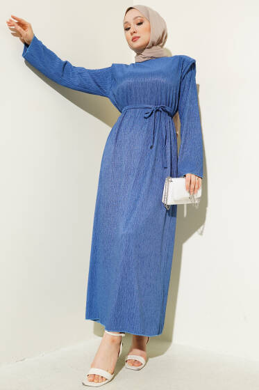 Omuz Vatkalı Büzgülü Elbise İndigo - Elbise