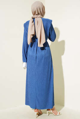 Omuz Vatkalı Büzgülü Elbise İndigo - Tesettür Elbise