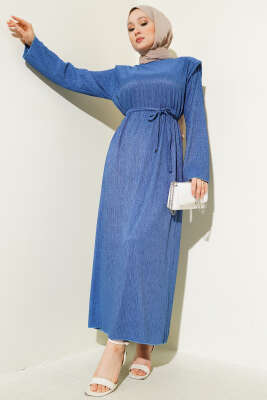 Omuz Vatkalı Büzgülü Elbise İndigo 