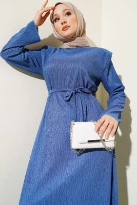 Omuz Vatkalı Büzgülü Elbise İndigo - Tesettür Elbise