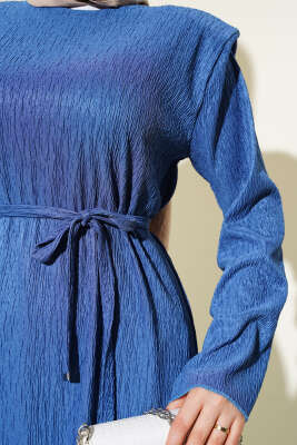 Omuz Vatkalı Büzgülü Elbise İndigo - Tesettür Elbise