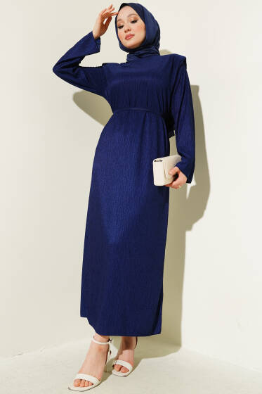 Omuz Vatkalı Büzgülü Elbise Lacivert - Elbise