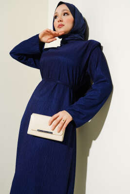 Omuz Vatkalı Büzgülü Elbise Lacivert - Tesettür Elbise