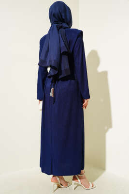 Omuz Vatkalı Büzgülü Elbise Lacivert - Tesettür Elbise