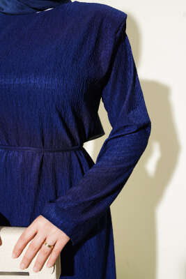 Omuz Vatkalı Büzgülü Elbise Lacivert - Tesettür Elbise