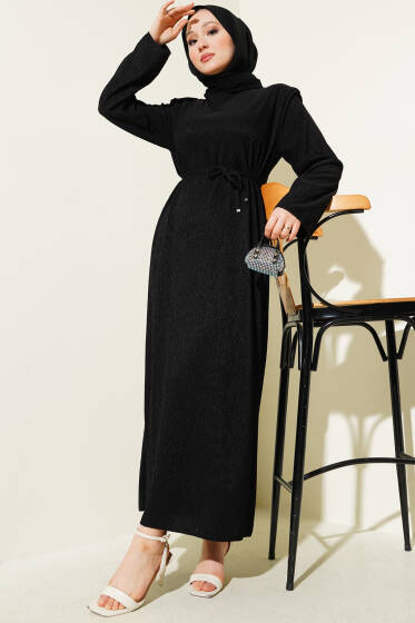 Omuz Vatkalı Büzgülü Elbise Siyah - Elbise