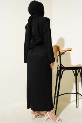 Omuz Vatkalı Büzgülü Elbise Siyah - Tesettür Elbise