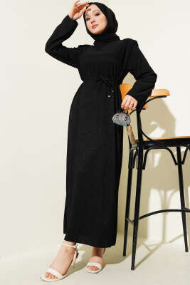 Omuz Vatkalı Büzgülü Elbise Siyah 