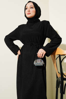 Omuz Vatkalı Büzgülü Elbise Siyah - Tesettür Elbise