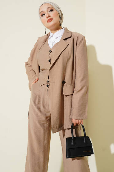 Omuz Vatkalı Ceketli Yelekli Üçlü Takım Latte - İkili Takım