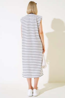 Omuz Vatkalı Çizgili Elbise Beyaz - Kadın Giyim Modelleri