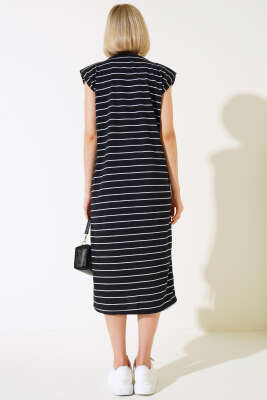 Omuz Vatkalı Çizgili Elbise Siyah - Kadın Giyim Modelleri