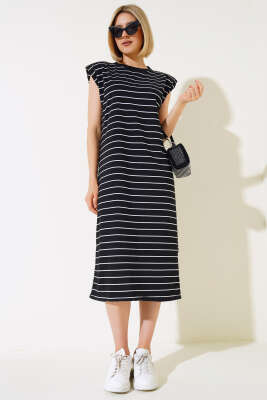 Omuz Vatkalı Çizgili Elbise Siyah 
