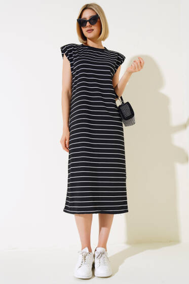 Omuz Vatkalı Çizgili Elbise Siyah - Yeni Giyim